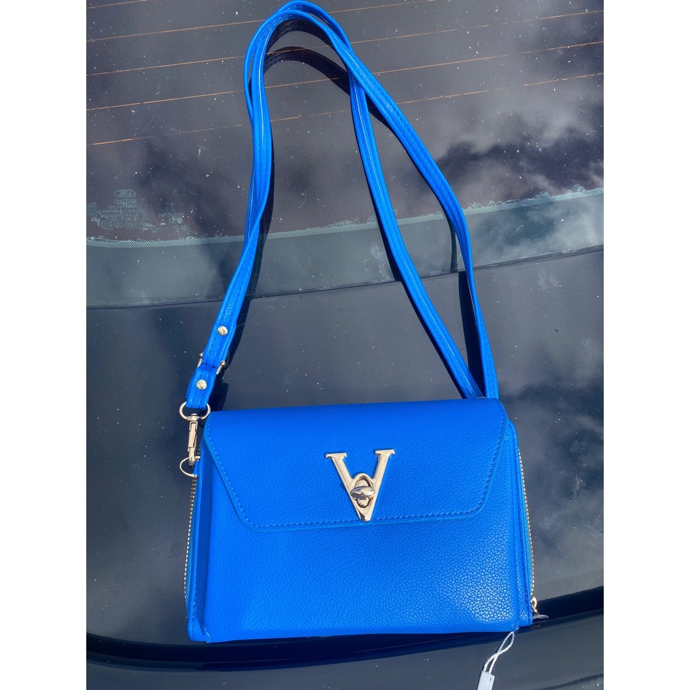 V Logo Blue Pebbled Vegan Leather Crossbody Wallet Bag Gold Hardware
